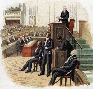 Adolphe Thiers (1797-1877), Presidente da República no pódio da Assembleia Nacional em 1872 - Cromolitografia (Chromo) do início do século XX. de French School