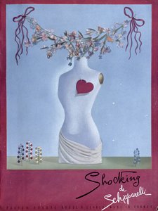 Anúncio do perfume "Shocking" de Schiaparelli, ilustração da revista "Vogue", novembro de 1938 (litografia a cores) de French School
