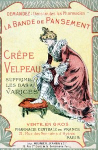 Cartão publicitário do "The Velpeau Crepe Dressing Band remove meias varicosas". Sd. Século XIX. de French School
