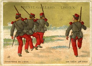 Publicidade cromolitografia de Grevel-Gaillard, Lisieux, infantaria online, um dois, um dois (cromolitografia) de French School