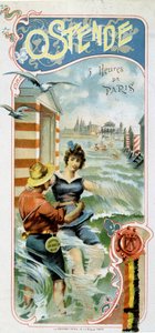 Publicidade para chegar a Ostende (Bélgica) a partir de Paris: Ostende: 5 horas de Paris, c.1900 (cromolitografia) de French School