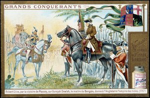 Após a vitória de Plassey sobre Surajah Dowlah (Suraj Ud-daula ou Ud Daula Ud Daulah ou Ud-Daulah), o mestre de Bengala deu à Inglaterra o Império da Índia em 1757. A cromolitografia do século XIX. de French School