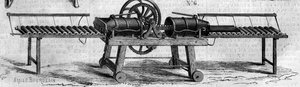 Máquina agrícola: uma máquina para fazer tubos de drenagem apresentada na Exposição Agrícola de 1860 em Paris. Gravura no "Le Monde Illustré" n°168 de 30 de junho de French School