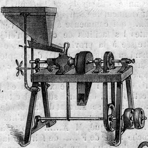 Máquina agrícola: um pequeno moinho na Exposição Agrícola de 1860 em Paris. Gravura em "Le Monde Illustré" n¡168 de 30 de Junho de 1860. de French School