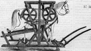 Máquina agrícola: um dispositivo de suspensão (ou trabalho portátil) utilizado para imobilizar cavalos ou gado antes de tratá-los. Máquina apresentada no concurso agrícola de Paris, em 1860. Gravura no "Le Monde Illustré" n°172 de 28 de Julho de 1860. de French School