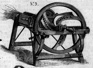 Máquina agrícola: um machado de palha inglês apresentado no concurso agrícola de Paris, em 1860. Gravura no "Le Monde Illustré" n°169 de 7 de Julho de 1860. de French School