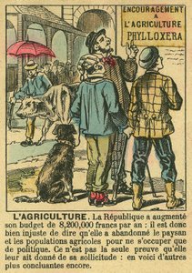 A agricultura ilustra os benefícios da Terceira República sobre o investimento agrícola e a sua preocupação com as populações camponesas. Gravura, em "Le Figaro, suplemento", em 30/03/1889, Paris. Coll. Selva. de French School