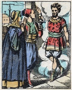 Aladin e a mãe dele esfregaram a lâmpada mágica e fizeram o génio aparecer. Gravação do conto das Mil e Uma Noites "Aladin e a Lâmpada Maravilhosa". Imagem epinal, finais do século XIX. Coleção particular. de French School