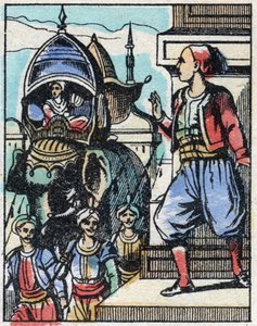O Aladin apaixona-se pela filha do sultão. Gravação do conto das Mil e Uma Noites "Aladino e a Lâmpada Maravilhosa". Imagem epinal, finais do século XIX. Coleção particular. de French School