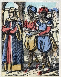 Aladin enviou novamente a sua mãe escoltada por escravos com presentes para propor à filha do Sultão. Gravação do conto das Mil e Uma Noites "Aladino e a Lâmpada Maravilhosa". Imagem epinal, final do século XIX. Coleção particular. de French School