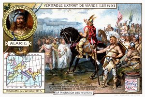 Alaric 1er, rei dos visigodos, apresenta-se pela terceira vez antes de Roma em 410 e exige a rendição da cidade - Liébig vinheta publicitária de French School