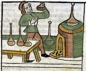 Alquimista - em "Les propriétaires des choses both corporelles et spirituelles" (livro XVIII) de Glanville, Lyon de French School