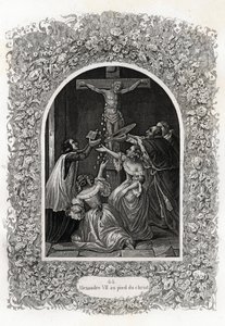Alexandre VII (Alexandre ou Alessandro) (Papa 1655 a 1667) aos pés de Cristo. Gravura para ilustrar a Histoire des popes de Maurice Lachatre (1814-1900), librairie du progres, Paris. de French School