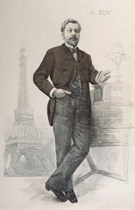 Alexandre Gustave Eiffel posando em sua mesa com um desenho da Tour Eiffel, ilustração de La Revue Illustree, 1888 de French School