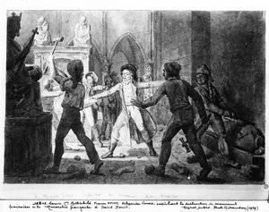 Alexandre Lenoir (1761-1839), opondo-se à destruição dos túmulos reais da monarquia francesa na Igreja de Saint-Denis, 1793 (caneta e tinta sobre papel) de French School