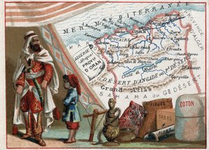Argélia na África e a Província de Oran, França. Série sobre os Departamentos franceses. Importação de Figos, Algodão, Tabaco, Agathe e Chumbo. Cromolitografia (Chromo) "o fio geográfico", cerca de 1920. Coleção particular. de French School