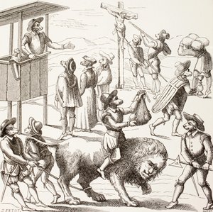 Quadro alegórico dos excessos que teriam sido cometidos pelos huguenotes, de "A vida militar e religiosa na Idade Média", de Paul Lacroix, publicado em Londres, c.1880 de French School