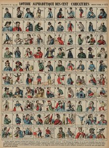 Lotaria alfabética de uma centena de caricaturas (gravação a cores) de French School
