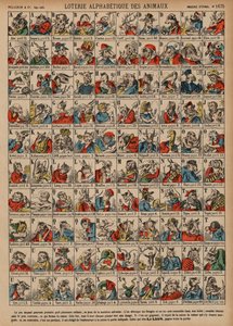 Lotaria alfabética de animais (gravura colorida) de French School