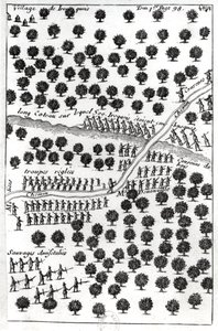 Emboscada dos iroqueses, de &39;Diálogo do Barão de Lahontan e um Selvagem na América&39;, publicado em Amsterdã 1704 (gravura) (foto bw) de French School