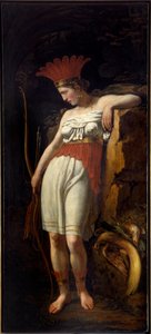 A Alegoria do Novo Mundo da América como uma jovem índia usando penas e um arco e flechas. Pintura da Escola Francesa do século XIX. La Rochelle, Museu do Novo Mundo de French School