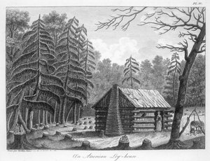 Um log-house americano, gravado por Tardieu de French School