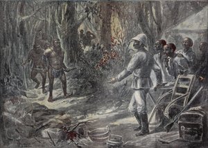Um viajante inglês Lloyd descobre os pigmeus enquanto explora a África. Gravura em “” Le Pelerin ”” 04-08-1899. de French School
