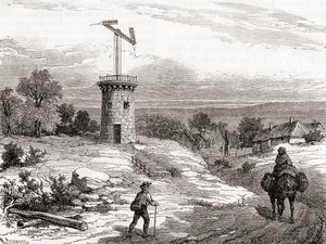 Um posto telegráfico aéreo no século XVIII, de Les Merveilles de la Science, publicado c.1870 (gravura) de French School