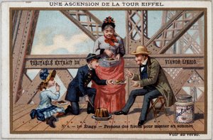 Uma ascensão da Torre Eiffel: uma leva forças no 1º andar - chromo. Liébig, deb. Século XX de French School