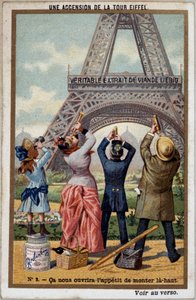 Uma ascensão da Torre Eiffel: você pode ver a altura da torre na vista longa - cromo. Liebig, deb. Século XX de French School