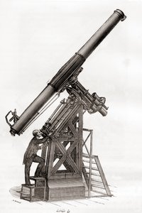 Um telescópio equatorial no Observatório de Paris, França no século XIX, de Les Merveilles de la Science, publicado c.1870 (gravura) de French School