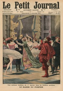 Uma estranha tradição de 1º de janeiro nos teatros parisienses, o &39;Fireman Kiss&39;, ilustração da capa do &39;Le Petit Journal&39;, suplemento ilustrativo, 4 de janeiro de 1914