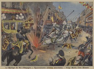 Ataque bomba anarquista contra a procissão de casamento do rei Alfonso XIII e da rainha Victoria Eugenie de Battenberg em Madri de French School