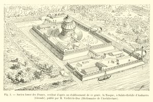 O antigo baixo dos Francos, restitui a dapres um estabelecimento deste tipo, o Tusque, Sainte-Eulalie dAmbarres, Gironde, publicado por M Viollet-le-Duc, Dicionário de Arquitetura de French School