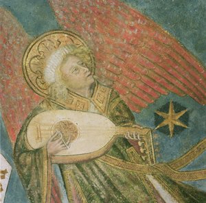 Músico de anjo tocando um alaúde, detalhe da abóbada da cripta de French School