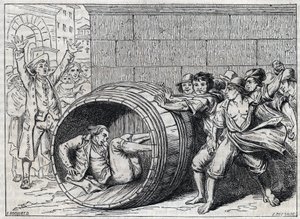 Perseguição anti-semita no século XVII: um judeu rola em um barril por habitantes de Roma. Ilustração de "Meo Patacca", poema de Giuseppe Berneri (1637-1700). Gravura de Bocourt. de French School