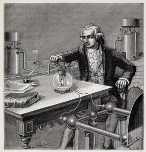 Antoine Laurent de Lavoisier (1743-1794) conduzindo uma experiência - em "Physique populaire" de Emile Desbeaux de French School