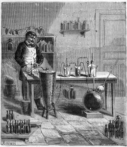 Apparatus de Eugene SOUBEIRAN (1797-1858) para a preparação de bicarbonato de sódio - Gravura em "Ciências trazidas às graças de todos - Física e química popular" de Alexis Clerc - Final do século XIX - Coleção particular de French School