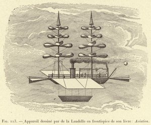 Aeronave desenhada por de la Landelle para o frontispício do seu livro: Aviation (gravura) de French School