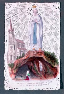 Aparição de Nossa Senhora de Lourdes, gravada por Bouasse-Lebel, c.1867 (gravura a cores sobre papel de renda) de French School