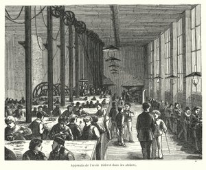 Aprendizes nos workshops da Ecole Diderot em Paris, França (gravura) de French School