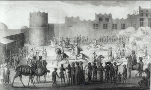 Arab Fighters Exercising no Iêmen, da Description of Arabia, feita com base em observações e opiniões coletadas nos mesmos lugares por Carsten Niebuhr, publicado em 1774 de French School
