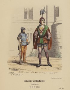 Crossbowman and Halberdier, borgonhês, final do século XV (gravura colorida) de French School