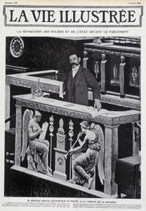 Aristide Briand na Bancada da Câmara (separação da Igreja e do Estado) - em "La Vie Illustrée" de 07/04/1905. de French School