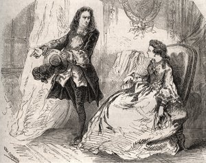 Armande Bejart (1641-1700), esposa de Jean Baptiste Poquelin dit Moliere (1622-1673) com seu amante, o Conde de Guiche, Gravura de 1871 no "Histoire Des Cocus Celebres" de Henry de Kock (1819-1892). de French School