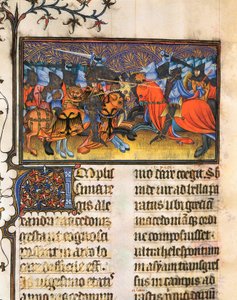 Armee fighter. Miniatura extraída do manuscrito de Francesco Petrarca ou Petrarca (1304-1374) italiano erudito, poeta e humanista, De Viris Illustribus, 23rv. Biblioteca da Universidade de Valência. de French School