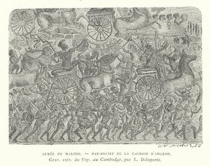Exército em marcha, baixo-relevo de Angkor, Camboja (gravura) de French School