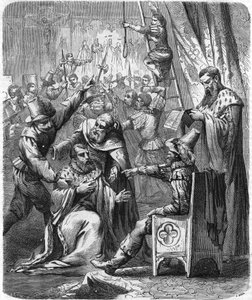 Prisão de Brisson e Larcher, dois violentos líderes da guerra civil no século XVI. No "Histoire Populaire de la France", sd. cerca de 1885. Gravura. de French School