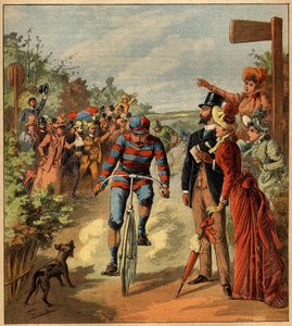 Chegada de uma corrida de ciclismo no campo francês. Gravação em "La Terre Illustree" n°81 de 19 de Maio de 1892. de French School