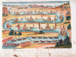 Chegada dos embaixadores franceses ao Sião, a partir de um relato dos jesuítas no Sião, 1688 (wc no papel) de French School